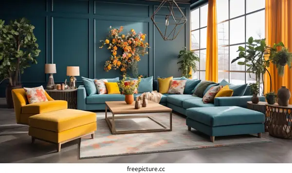 Blue and Yellow Modern Living Room Interior Design