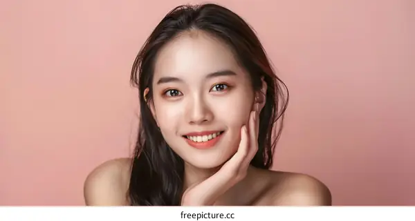 Portrait of a Beautiful Young Asian Woman with Long Black Hair and a Pink Background