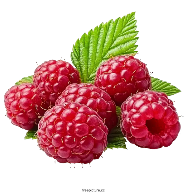 [Transparent Background PNG]Fresh Raspberries with Leaves Close-up