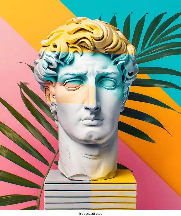 Modern Art Sculpture Of Greek Statue Head On Colorful Background