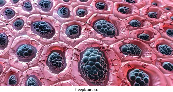 Abstract Close Up Micro Illustration of Cells with Purple Structures