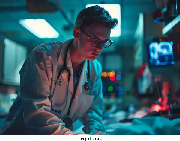 A young male doctor wearing glasses and a stethoscope examines a patient in a hospital room.