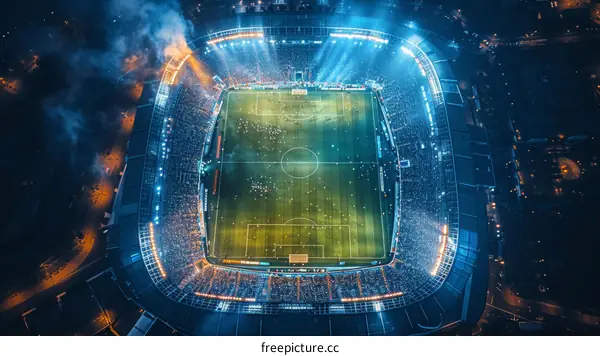 Aerial view of a soccer stadium at night