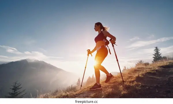 Woman Hiking in Mountains at Sunrise