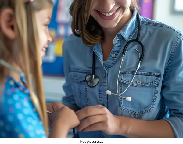 Close-up of a smiling female doctor with a stethoscope around her neck holding a young girl's hand