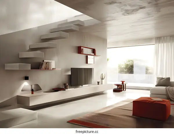 Modern Living Room Interior Design with Concrete Stairs and TV