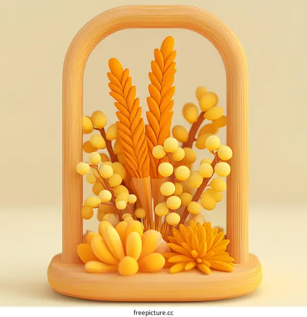 3D Rendered Yellow Flower Arrangement in Wooden Frame