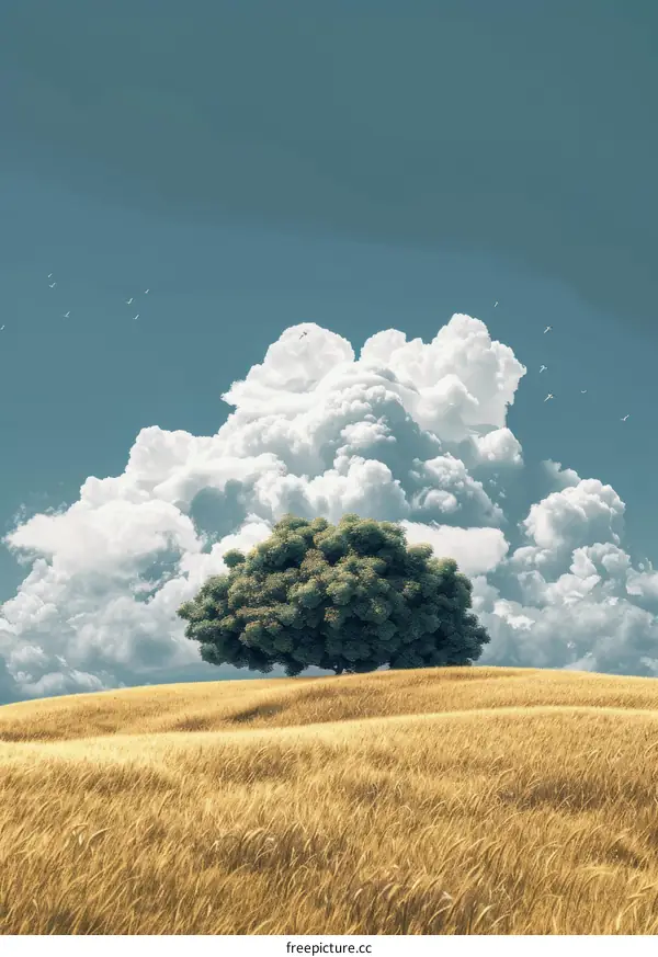 Golden Wheat Field with Birds and Sky