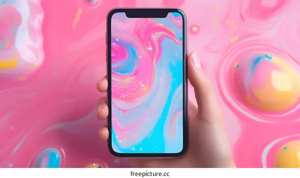 Hand Holding Smartphone with Pink and Blue Abstract Background