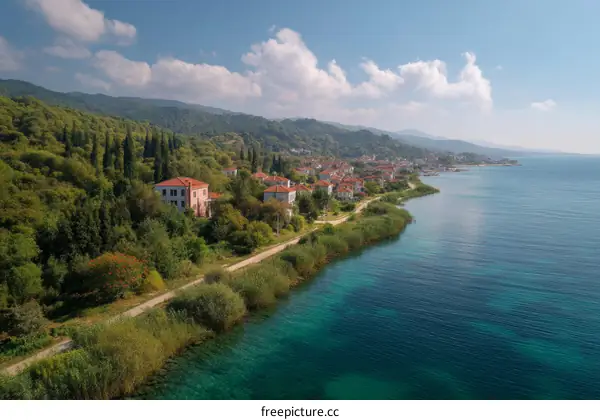 Coastal Village with Lush Vegetation and Azure Water