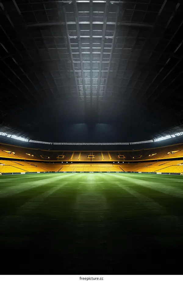 An empty football stadium at night with the lights on