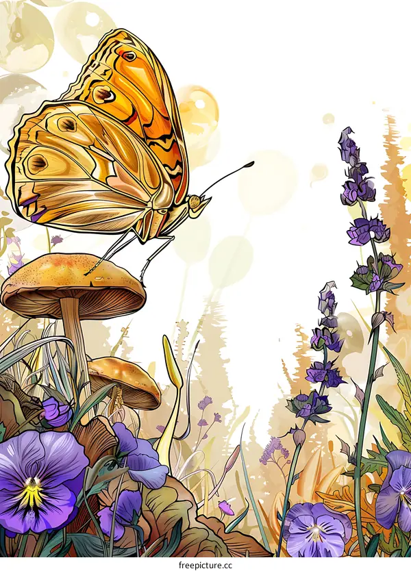 Butterfly on Mushroom in Flower Field Illustration
