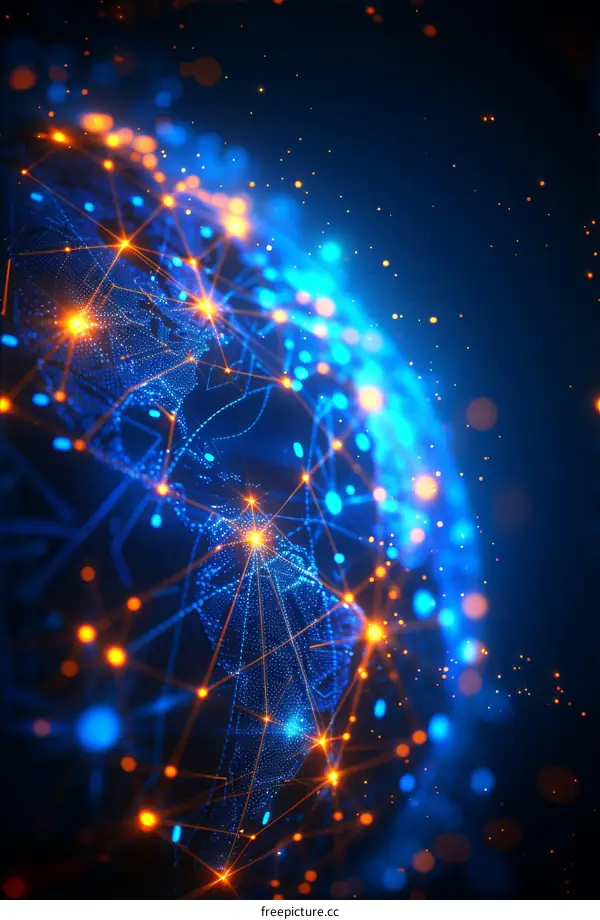 Blue and orange glowing plexus world map with flare