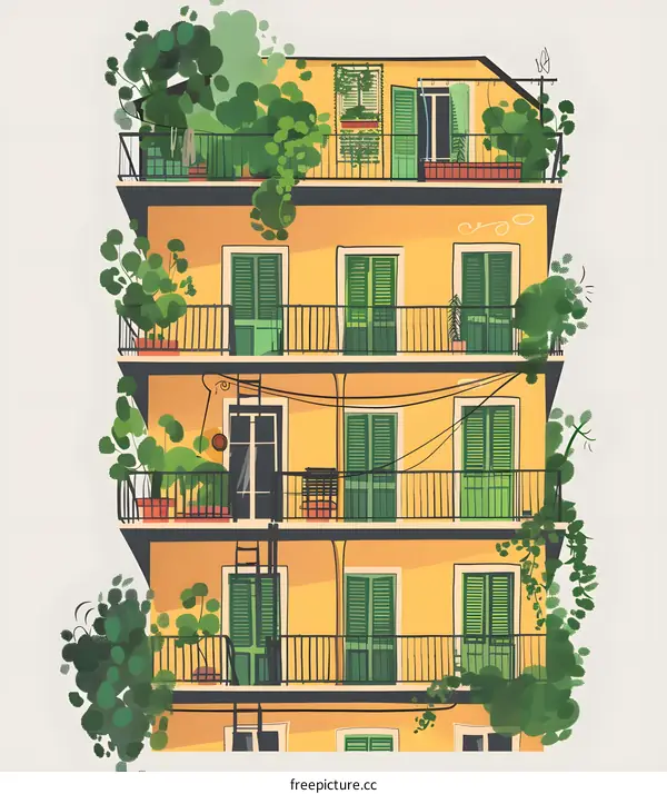 Yellow Building with Green Shutters and Balcony