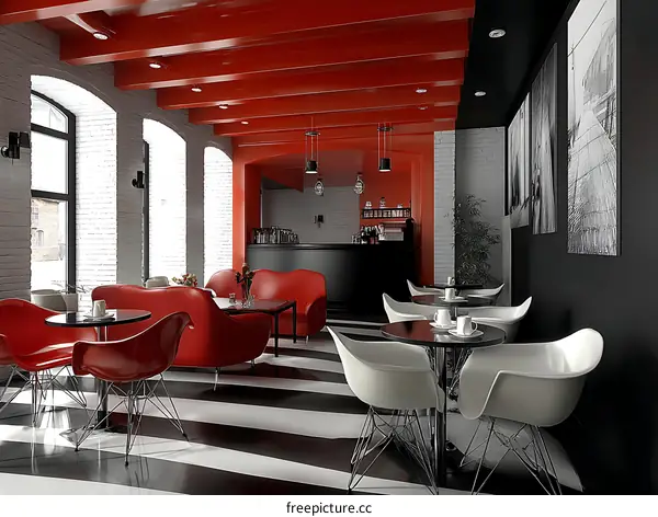 Modern Cafe Interior Design with Red and White Accents