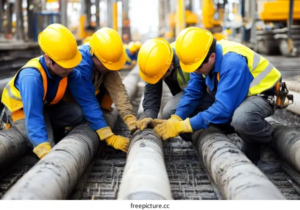 Construction Workers Installing Pipes on a Construction Site