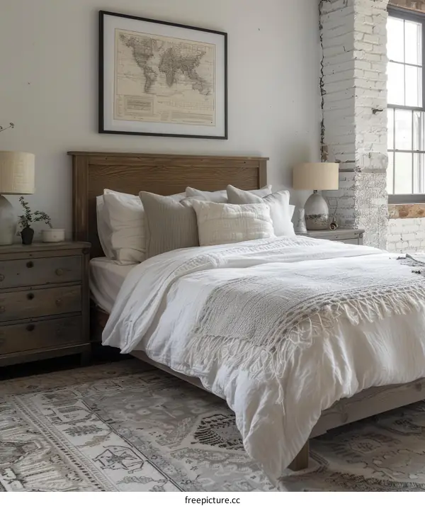 Cozy Farmhouse Bedroom with White Bedding and Gray Rug