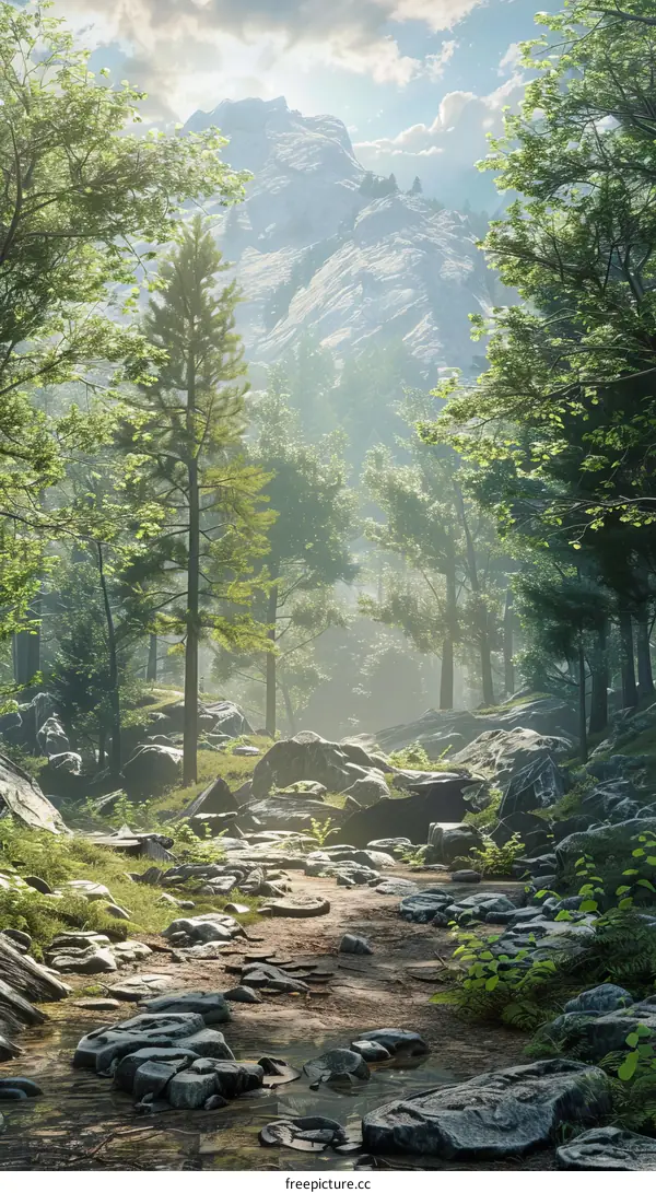 Misty Forest Path with Sunlight and Rocks