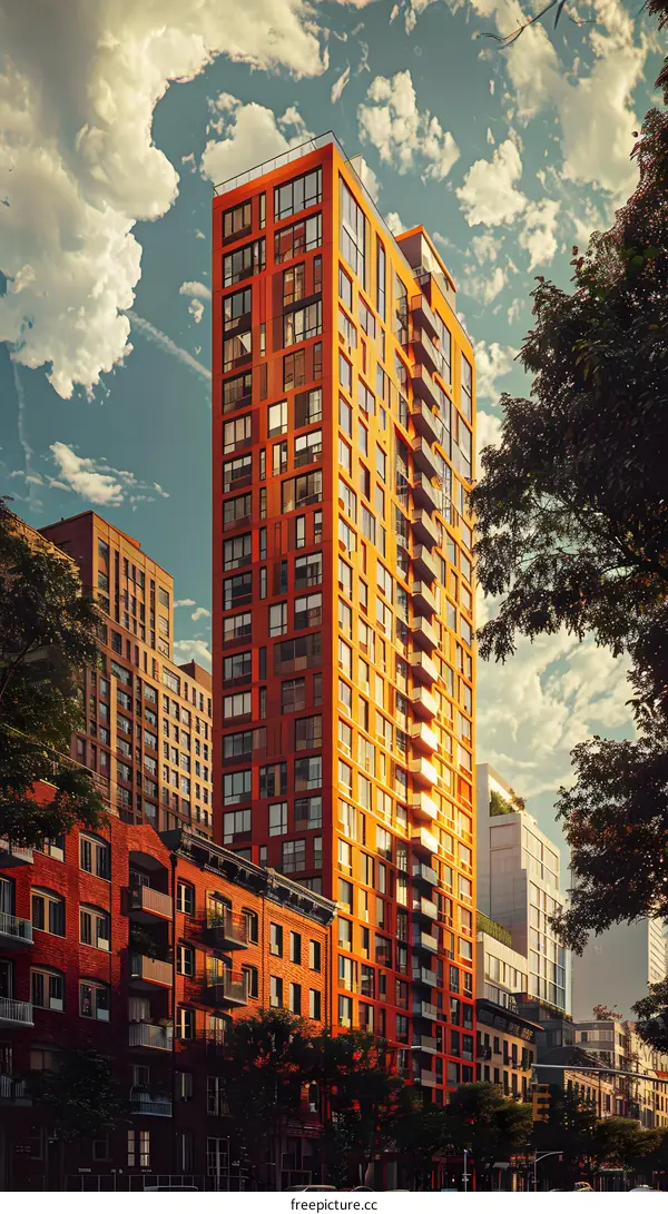 An orange high-rise residential building stands out among other residential buildings