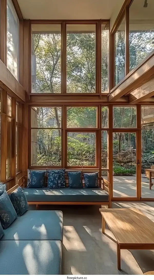 Modern Wooden Living Room with Large Windows