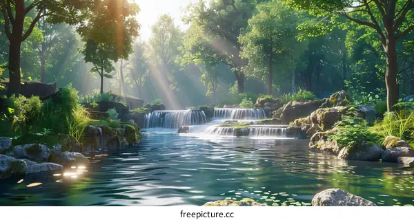 Sunlit Forest Waterfall in Lush Green Woods