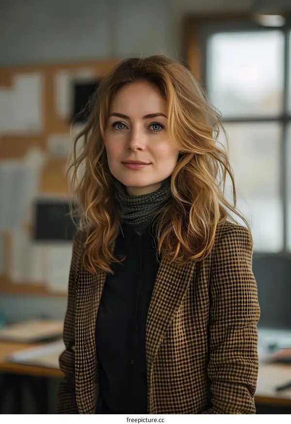 portrait of a young woman in a brown jacket