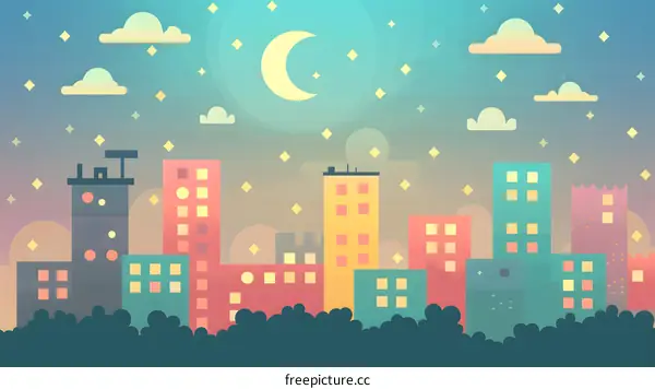 Nighttime Cityscape with Moon and Stars