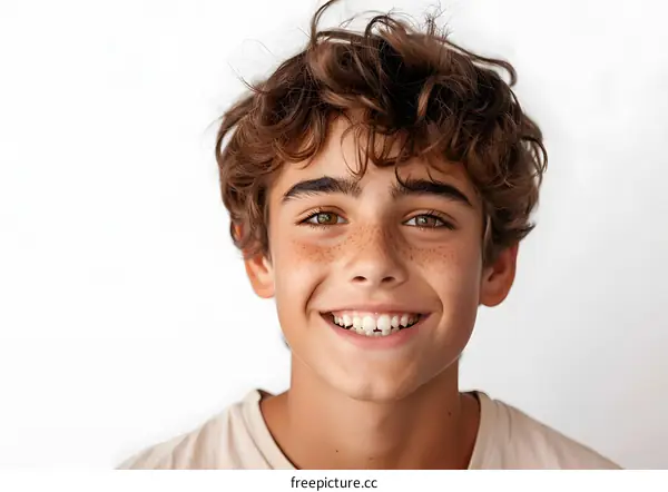 Portrait of a happy caucasian boy with freckles smiling