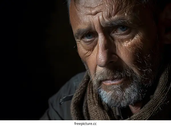 Portrait of an old man with a beard and blue eyes