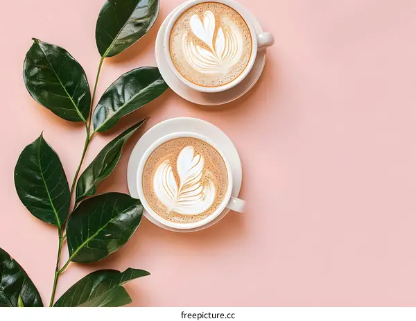 Two Cups of Coffee Latte with Leaf on Pink Background