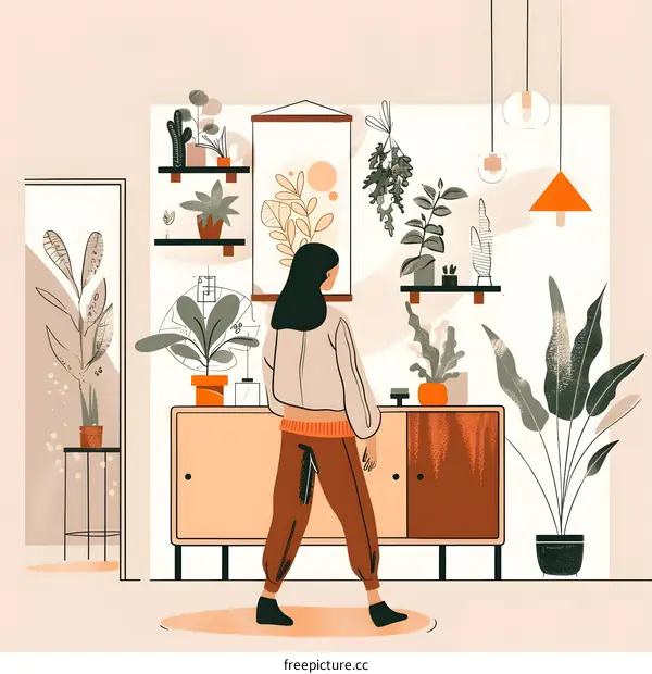 Woman in a Modern Home Surrounded by Plants