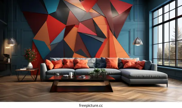 Modern Living Room with Blue Accent Wall and Geometric Decor