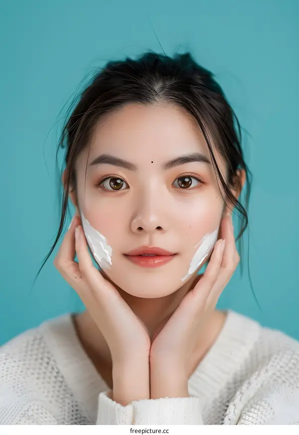 Young Asian Woman Applying Facial Cream
