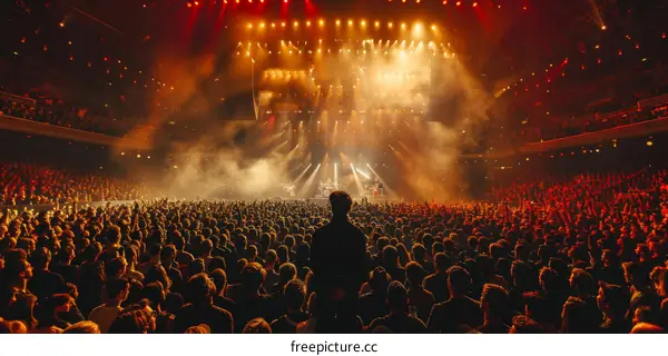 People watching a live music concert with bright stage lights