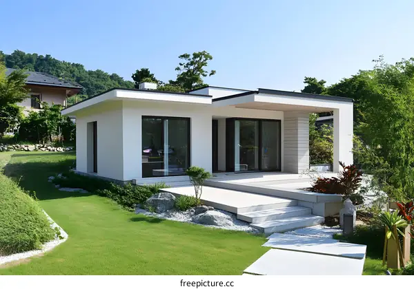 Modern Minimalist House Exterior Design with Green Lawn and Stone Pathway