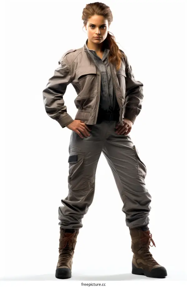 A woman in a brown jacket and gray pants standing with her hands on her hips