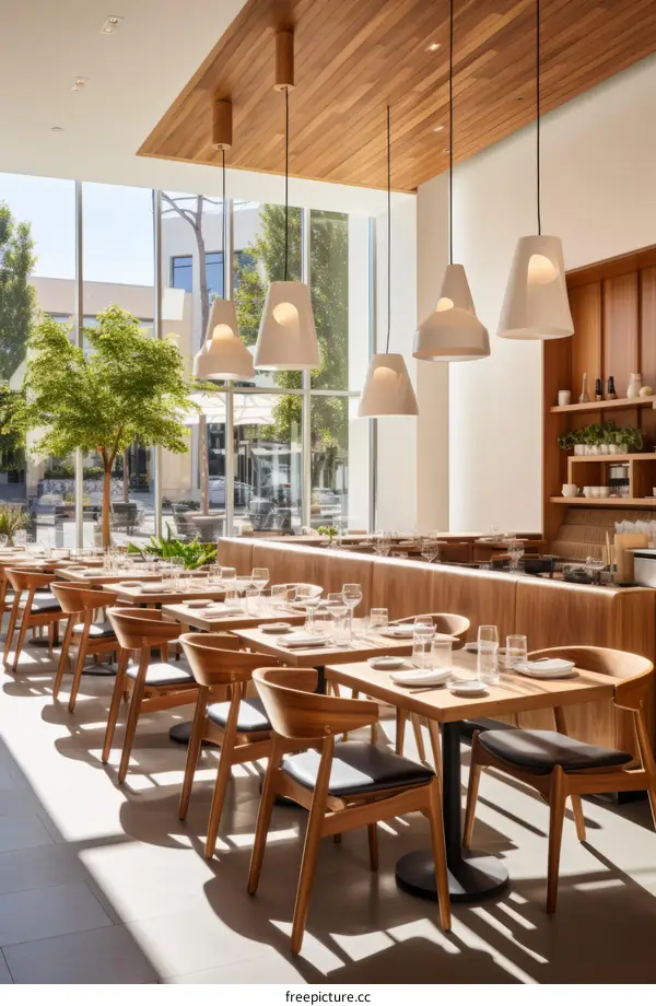 Modern Restaurant Interior with Large Windows and Wooden Furniture