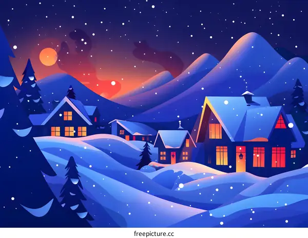 Snowy Mountain Village at Night
