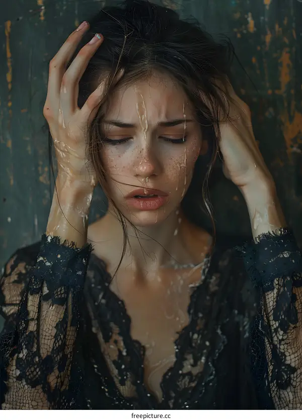 Woman in Black Lace Dress Covered in White Substance