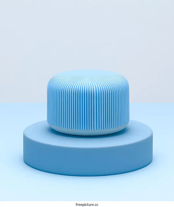 Blue Striped Cylinder on Blue Platform Abstract 3D Rendering