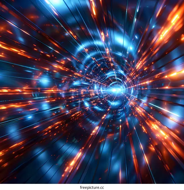 Blue and orange glowing technology tunnel