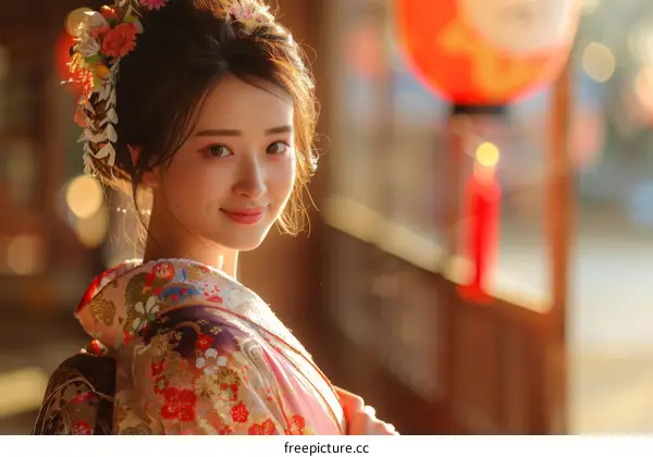 Portrait of a beautiful Japanese woman in traditional kimono