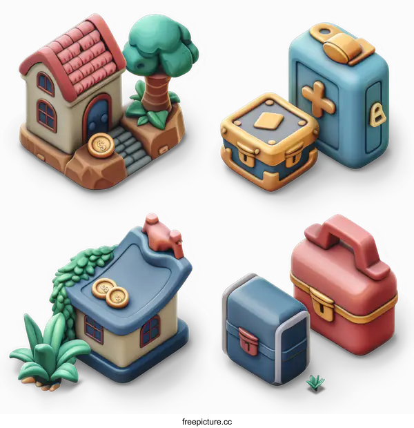 [Transparent Background PNG]3D Cartoon Style Treasure Chest and House Icons