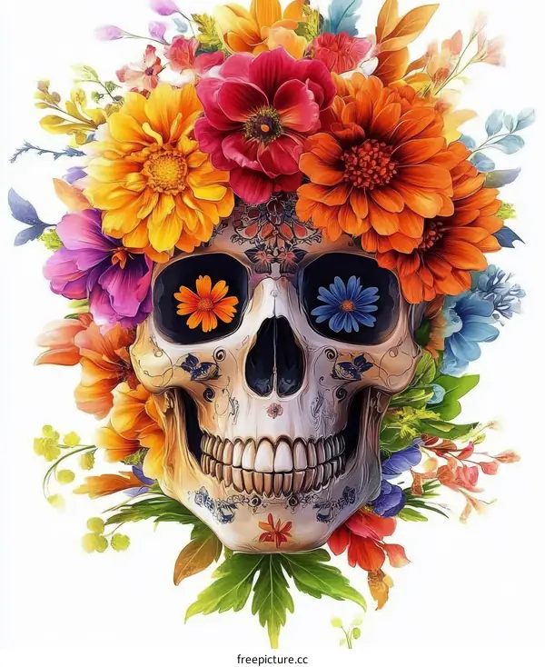 Colorful Skull Floral Illustration