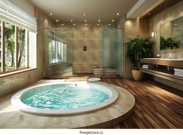 Luxury bathroom with jacuzzi and wooden floor