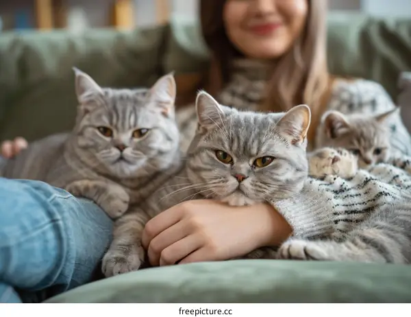 A young woman is sitting on a couch with two cats.