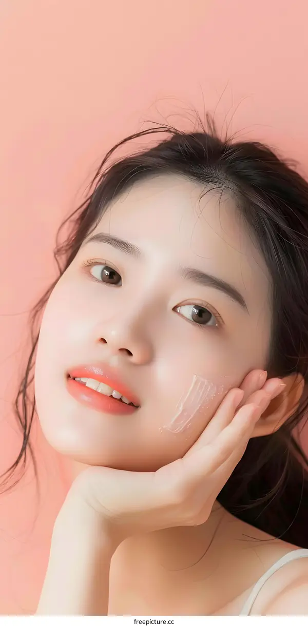 Beautiful Asian Woman Applying Cream on Her Face