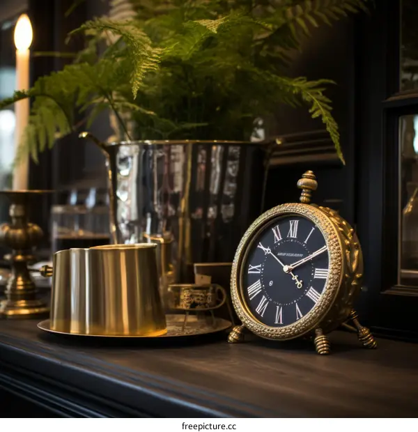 ornate vintage clock with green plant in the background
