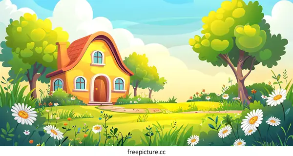 Yellow House with Green Trees and Daisies in a Summer Meadow