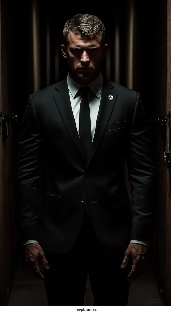 Serious Business Professional in a Dark Corridor